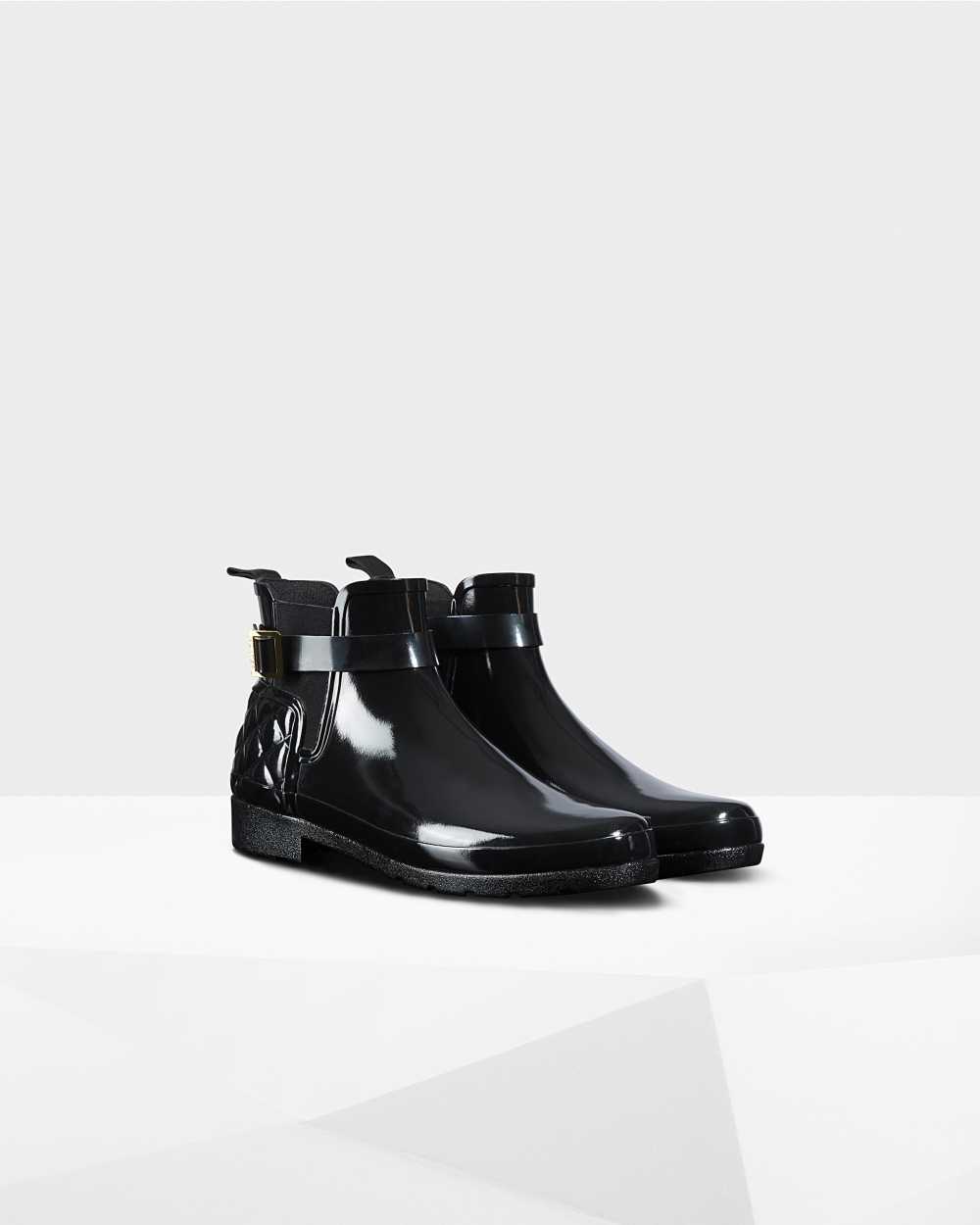 Hunter Refined Slim Fit Quilted Gloss Women's Chelsea Boots NZ-46715L Black